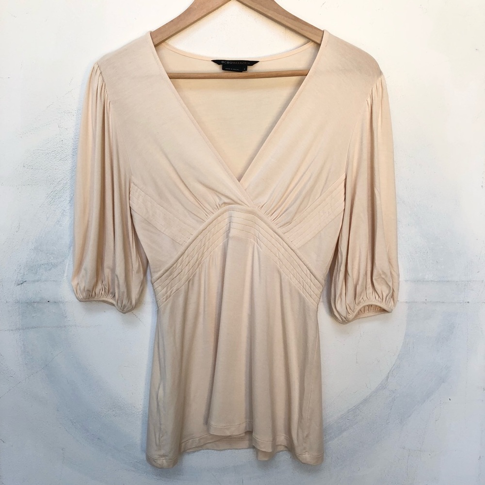 BCBG Max Azria Cream Blouse Slight Puff 3/4 Sleeve